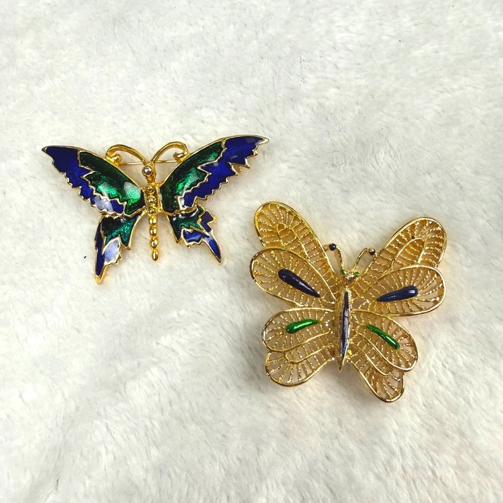 Vintage Gerrys Gold Tone Filigree Butterfly Brooch & Enamel Butterfly Pin Set